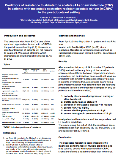 Predictors of resistance to abiraterone acetate (AA) or enzalutamide (ENZ) in patients with metastatic castration-resistant prostate cancer (mCRPC) in the post-docetaxel setting